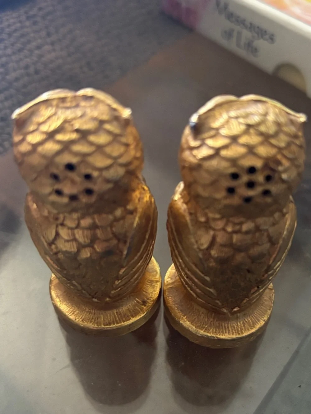 vintage gold-tone metal owl salt and pepper shakers